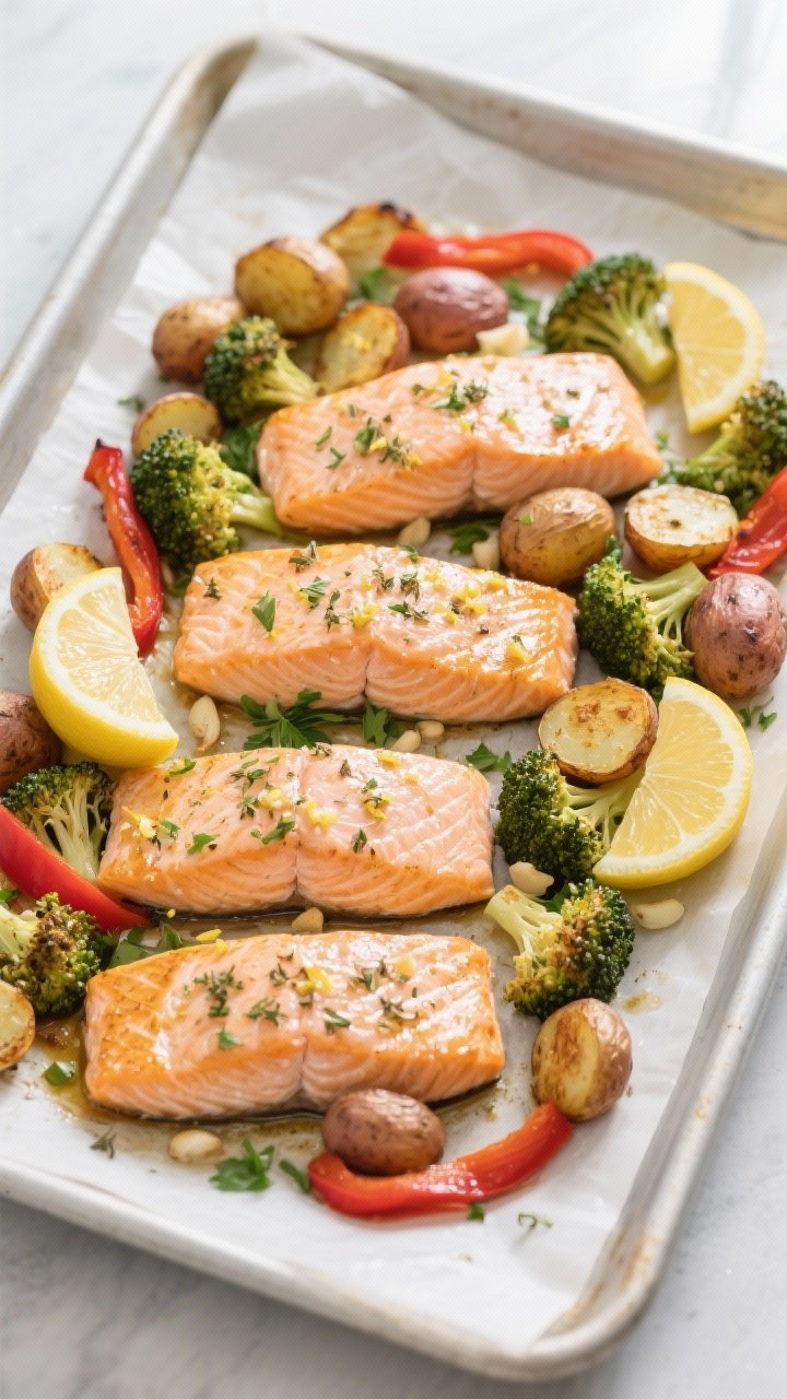Overhead shot of a just-finished sheet pan lemon herb salmon dinner, cooked and glistening: four sal
