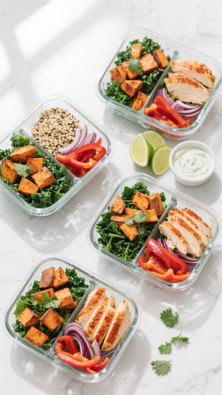 Overhead shot of assembled low-calorie chicken and sweet potato meal prep bowls, top-down on a matte