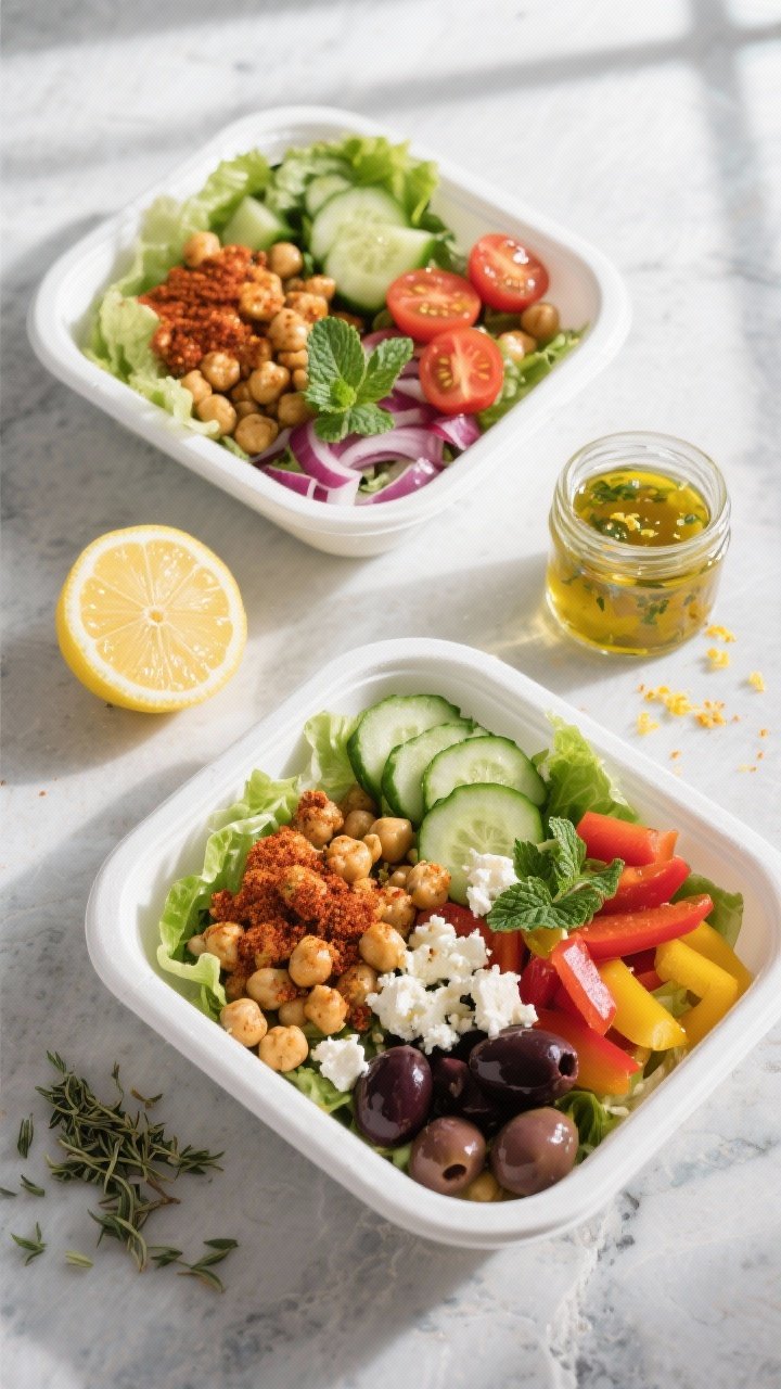 Overhead shot of assembled Mediterranean Chickpea & Veggie meal-prep bowls: crisp romaine base toppe