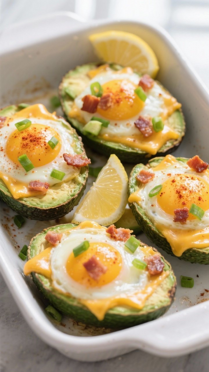 Overhead shot of baked cheesy keto breakfast stuffed avocados just out of the oven: four avocado hal