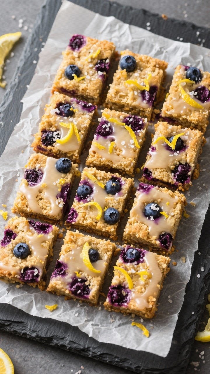 Overhead shot of cooled and neatly sliced keto blueberry lemon breakfast bars arranged in a tight gr