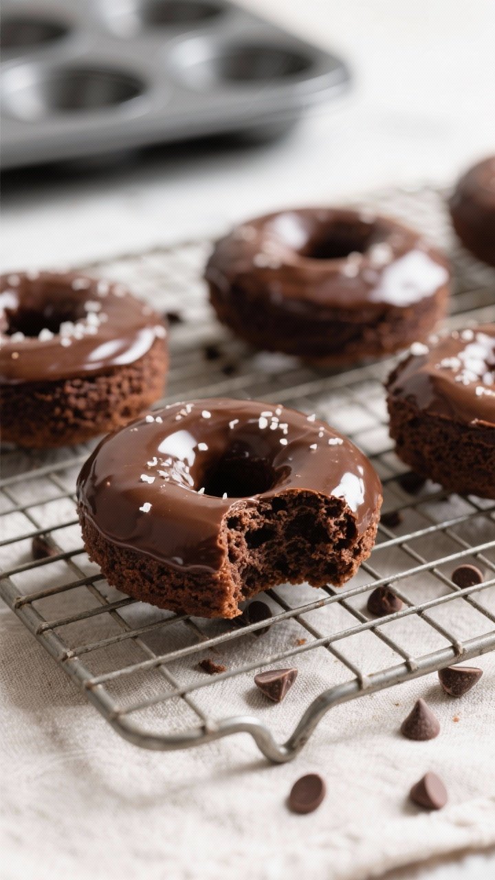 Overhead shot of freshly baked keto chocolate donuts cooling on a wire rack, matte dark cocoa crumb