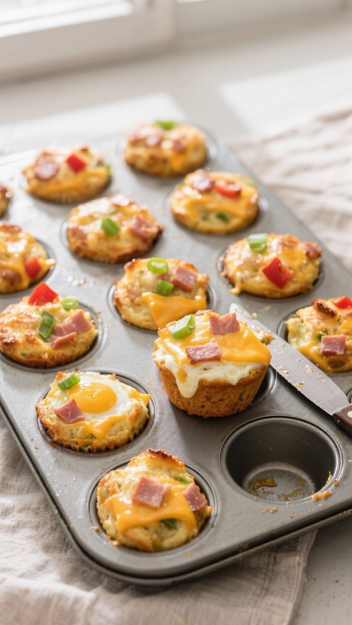 Overhead shot of freshly baked Keto Ham, Egg & Cheese Breakfast Muffins still in a greased 12-cup mu