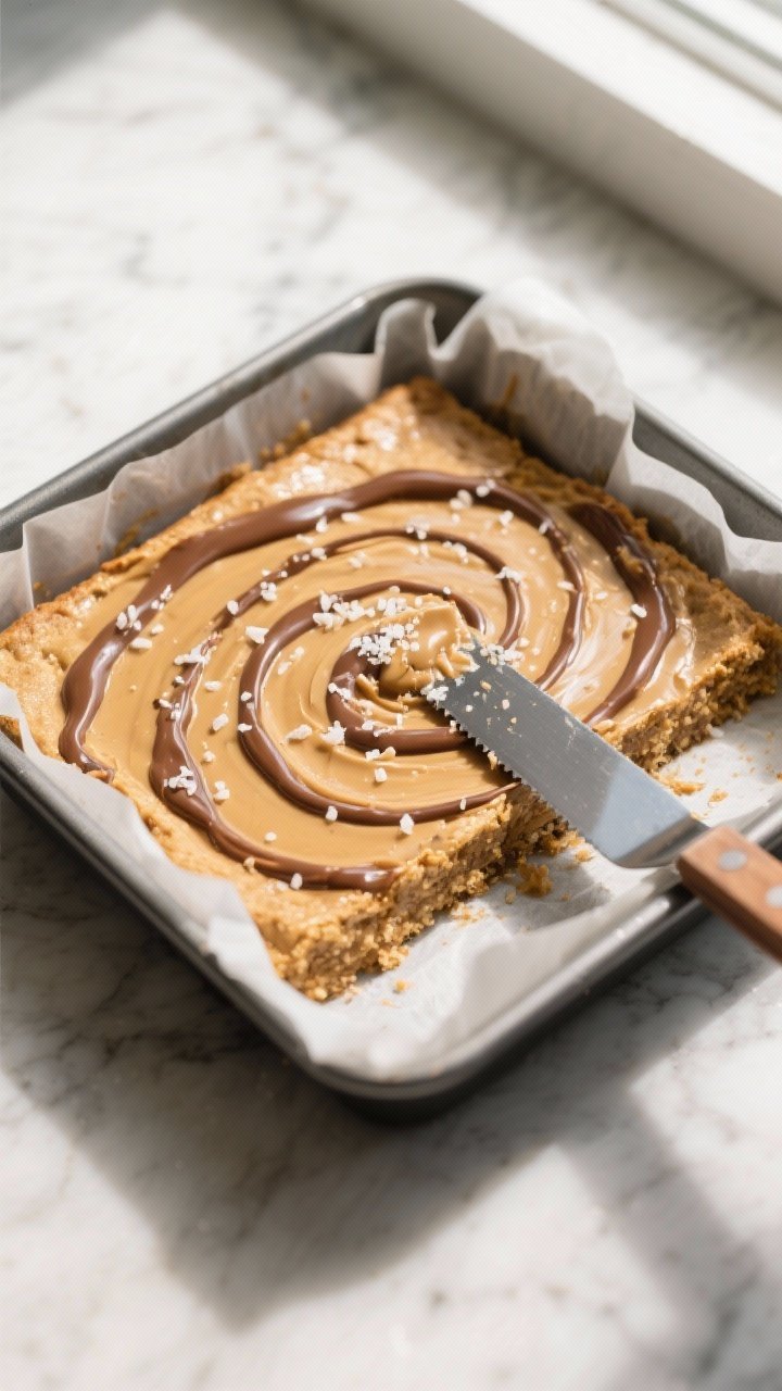 Overhead shot of freshly baked Keto Peanut Butter Breakfast Bars cooling in a parchment-lined 8x8 pa