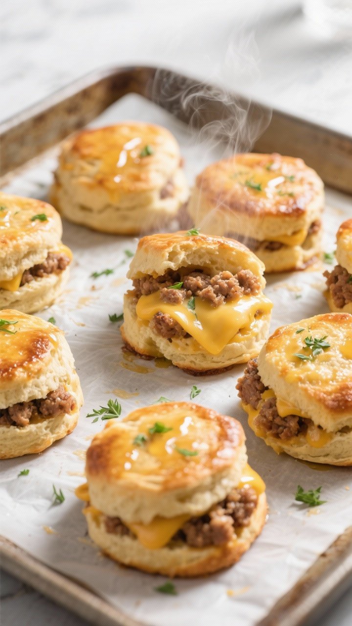 Overhead shot of freshly baked keto sausage stuffed breakfast biscuits on a parchment-lined baking s