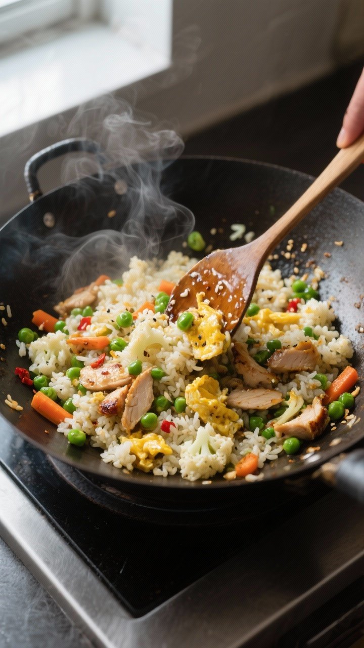 Overhead shot of high-protein cauliflower fried rice finishing in a wok: tender-crisp cauliflower ri