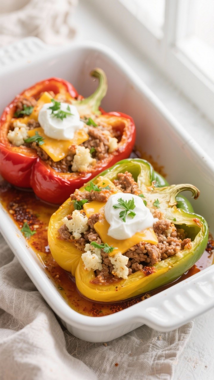 Overhead shot of high-protein stuffed bell peppers fresh from the oven, halved peppers packed with s
