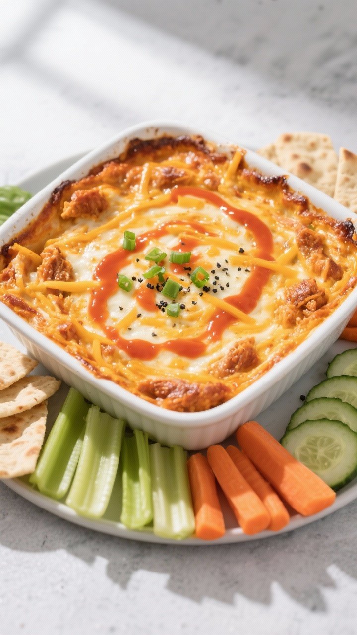 Overhead shot of hot, bubbly buffalo chicken dip just out of the oven in an 8x8 white ceramic baking