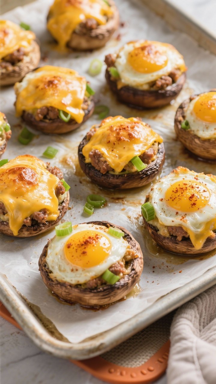Overhead shot of keto breakfast stuffed mushrooms just out of the oven on a parchment-lined sheet pa