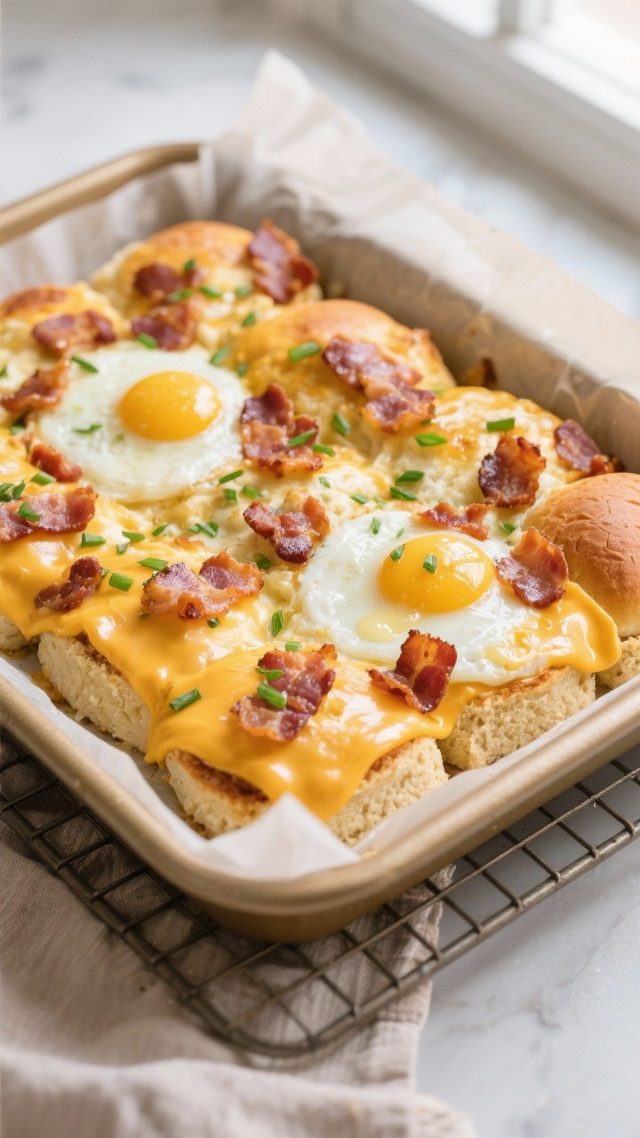 Overhead shot of Keto Egg & Bacon Breakfast Sliders just out of the oven in a 9x13 baking dish, gold