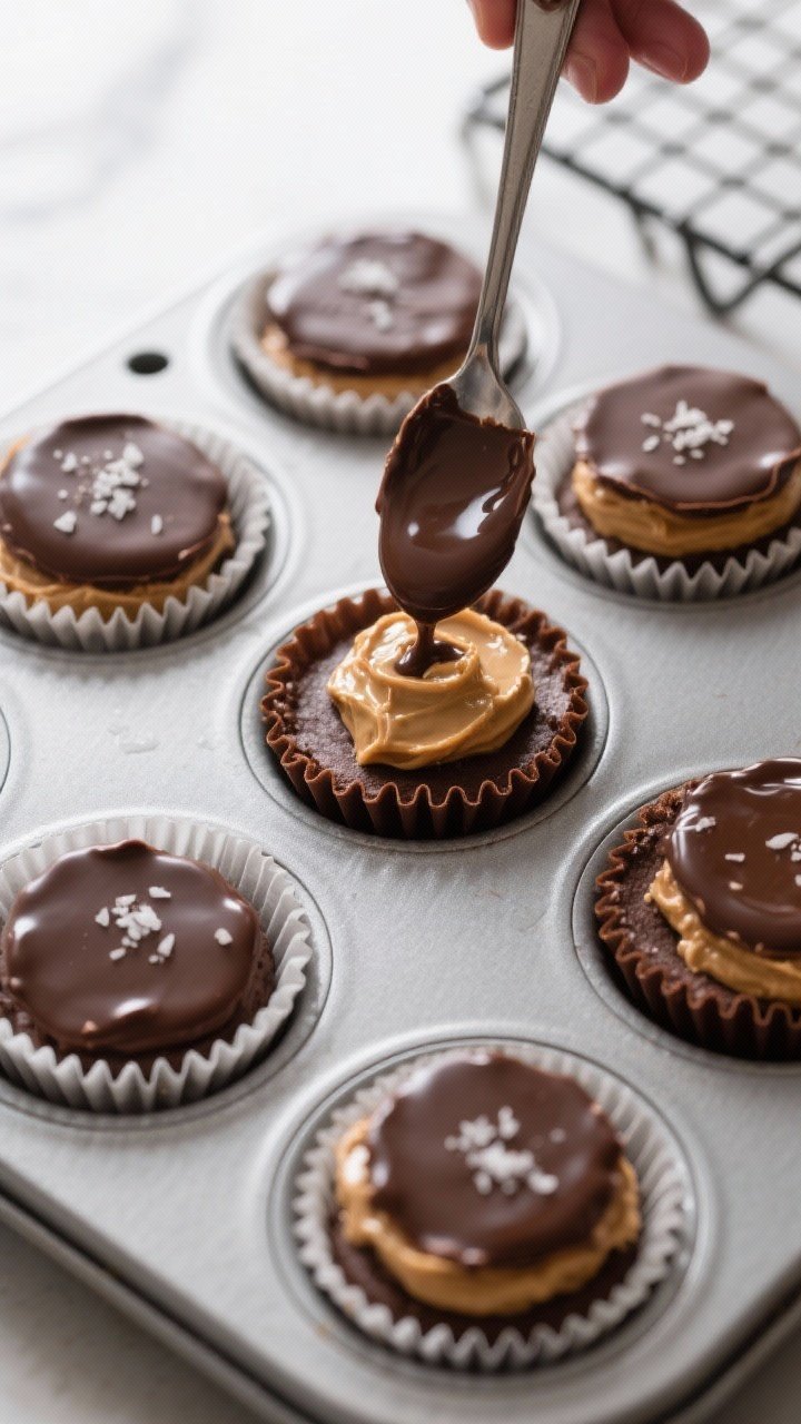 Overhead shot of keto peanut butter chocolate breakfast cups in a mini muffin tin mid-assembly: bott