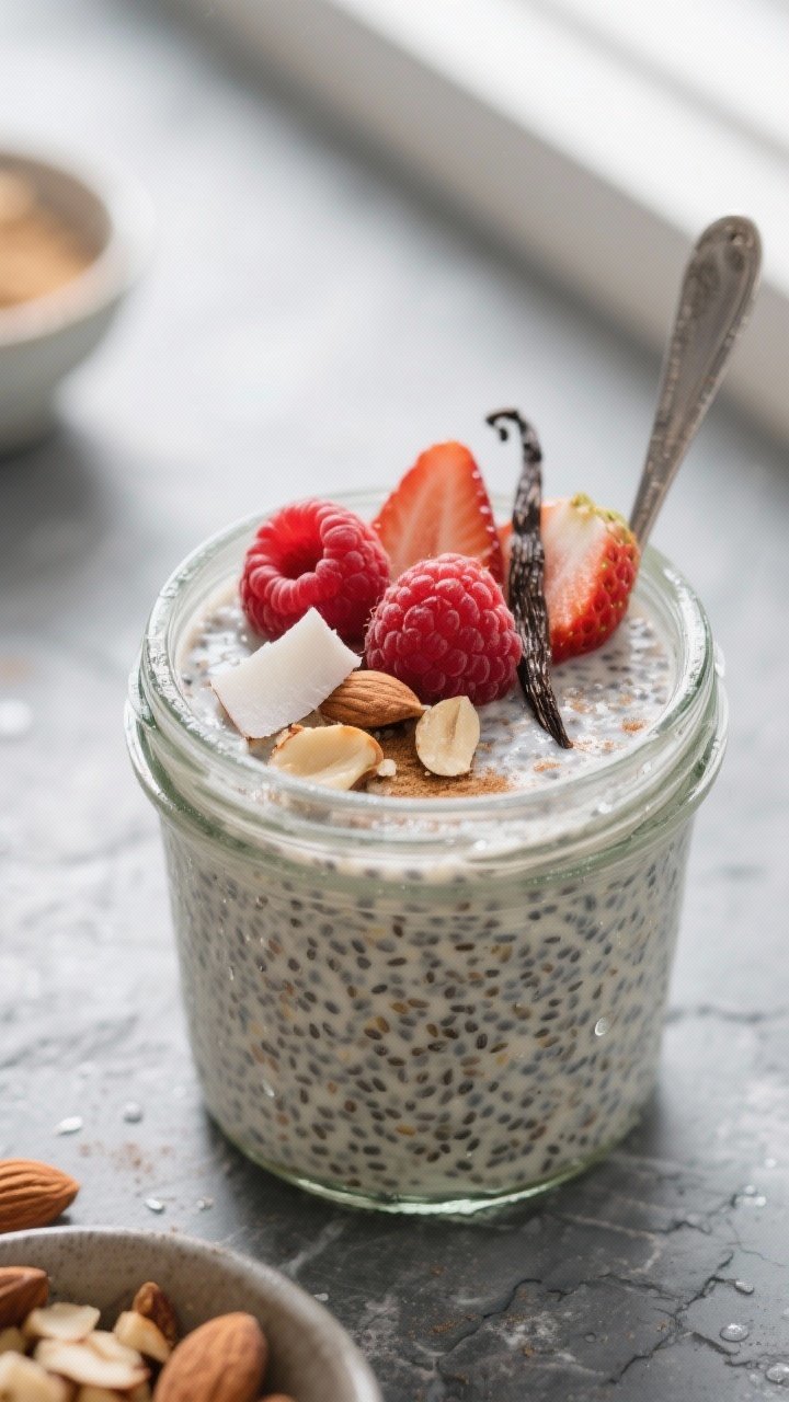 Overhead shot of keto vanilla chia breakfast pudding after an overnight chill, spoonable and thick i
