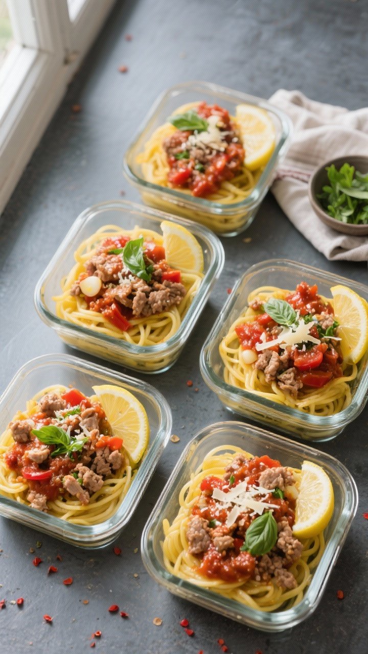 Overhead shot of meal prep spaghetti squash and turkey bowls, four shallow glass containers arranged