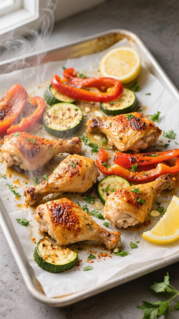 Overhead shot of roasted chicken, zucchini half-moons, and bell pepper strips just out of the oven o