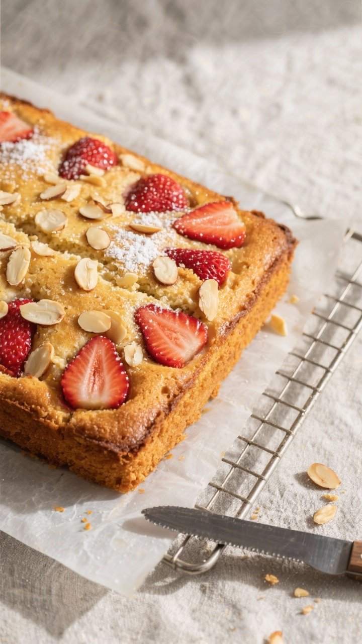 Overhead shot of the freshly baked Keto Strawberry Almond Breakfast Cake cooling on a wire rack, par