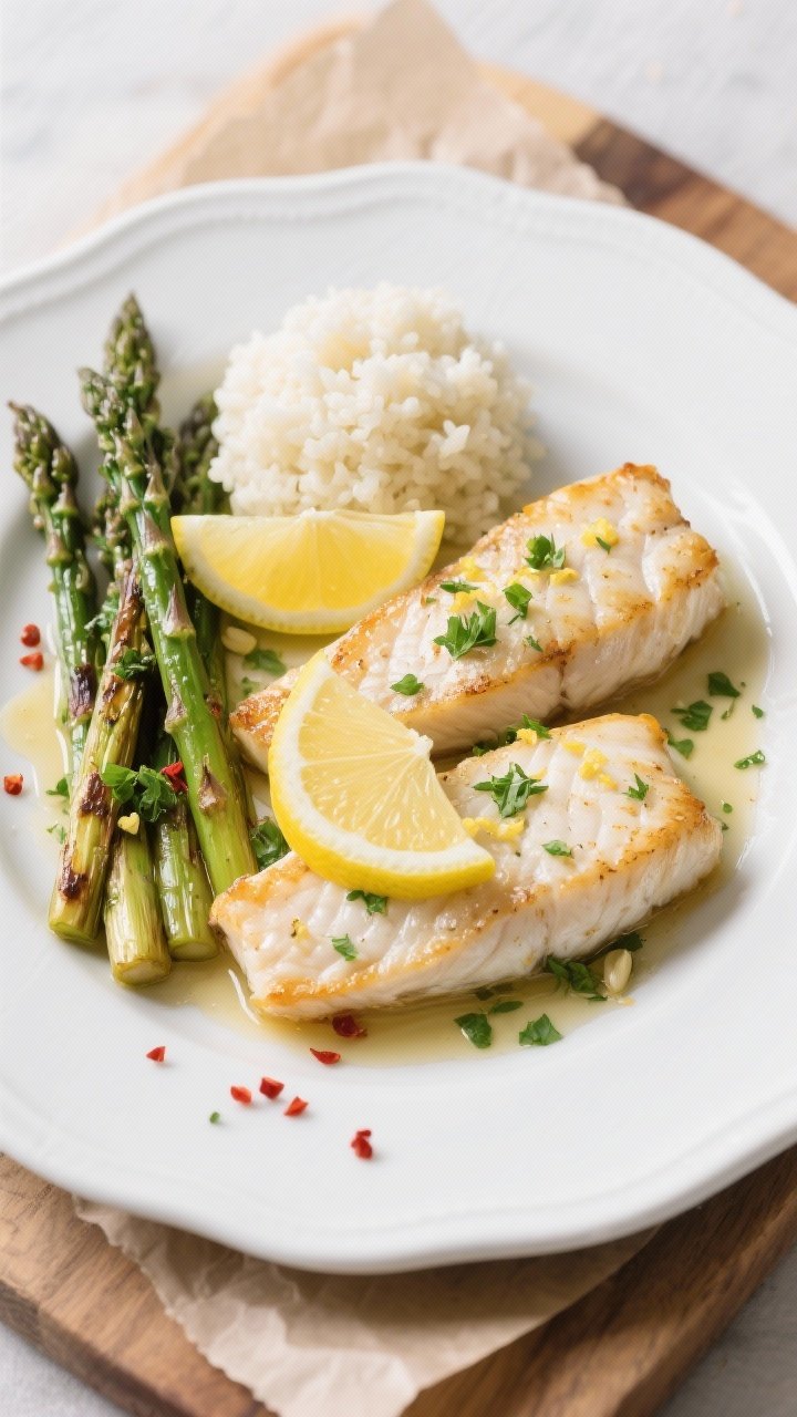 Tasty top view: Beautifully plated lemon garlic tilapia on a white ceramic plate, two fillets flaked