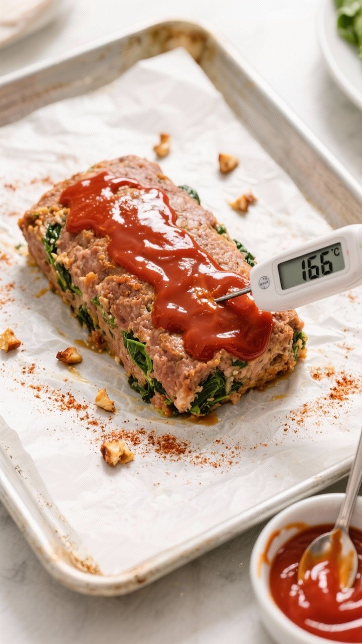 Tasty top view (cooking process): Overhead shot of a free-form turkey and spinach meatloaf on a parc
