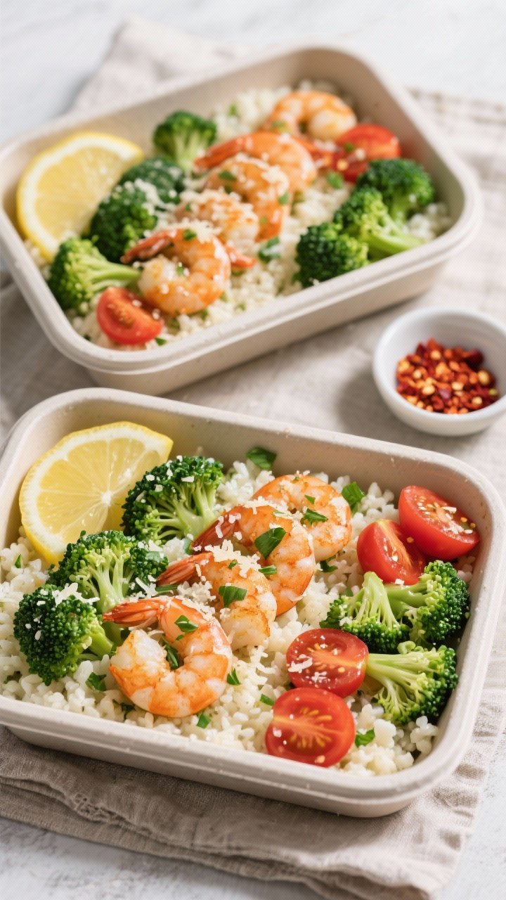 Tasty top view final dish: Overhead shot of meal prep containers filled with fluffy cauliflower rice