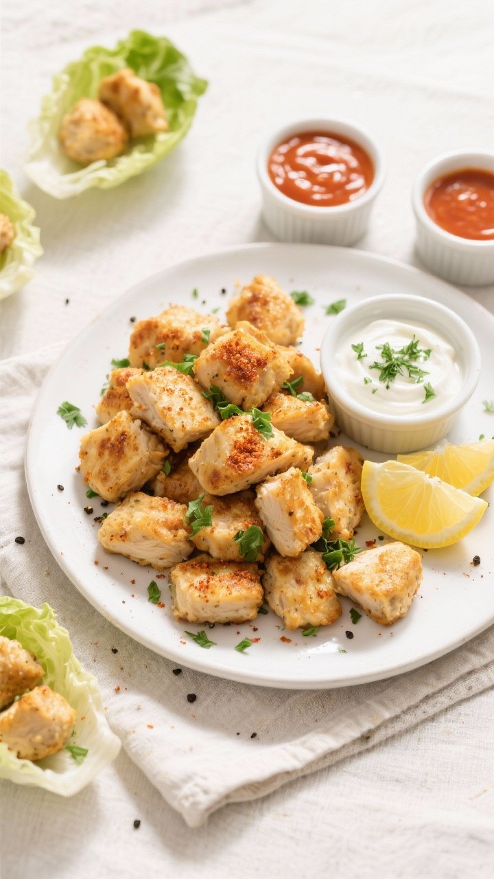 Tasty top view final presentation: Overhead shot of High Protein Low Calorie Air Fryer Chicken Bites