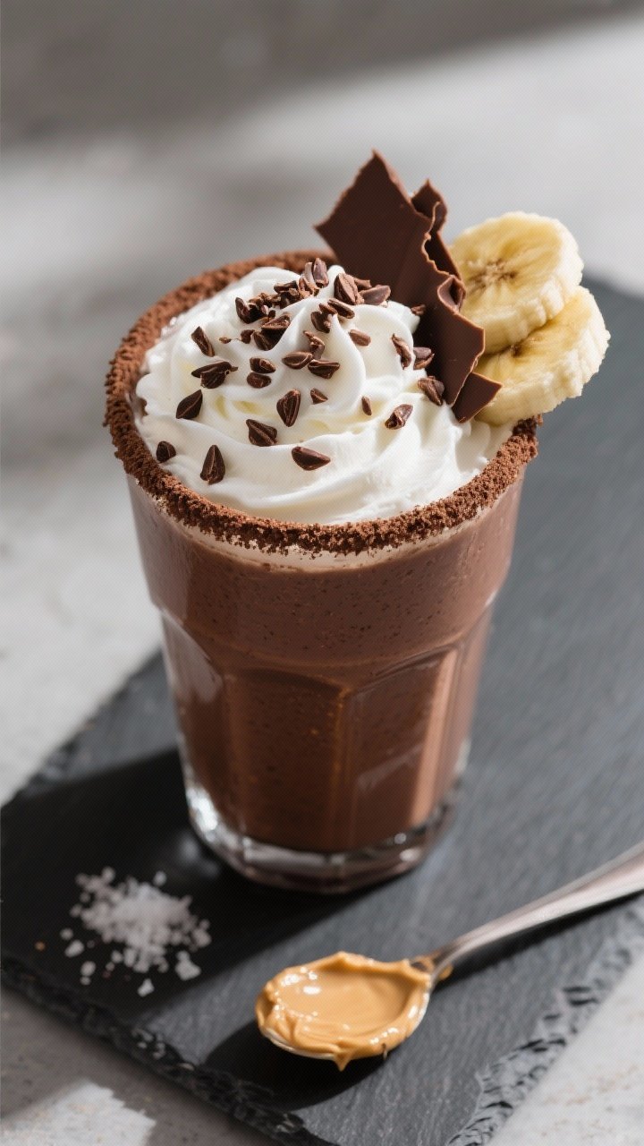 Tasty top view final presentation: Overhead shot of a finished Chocolate Banana Dessert Smoothie in 