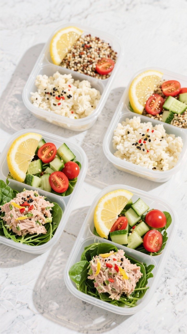Tasty top view final presentation: Overhead shot of four meal-prep containers neatly arranged on a l
