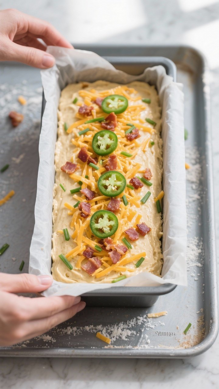 Tasty top view (process shot): Overhead shot of the filled 9x5-inch loaf pan just before baking—ba