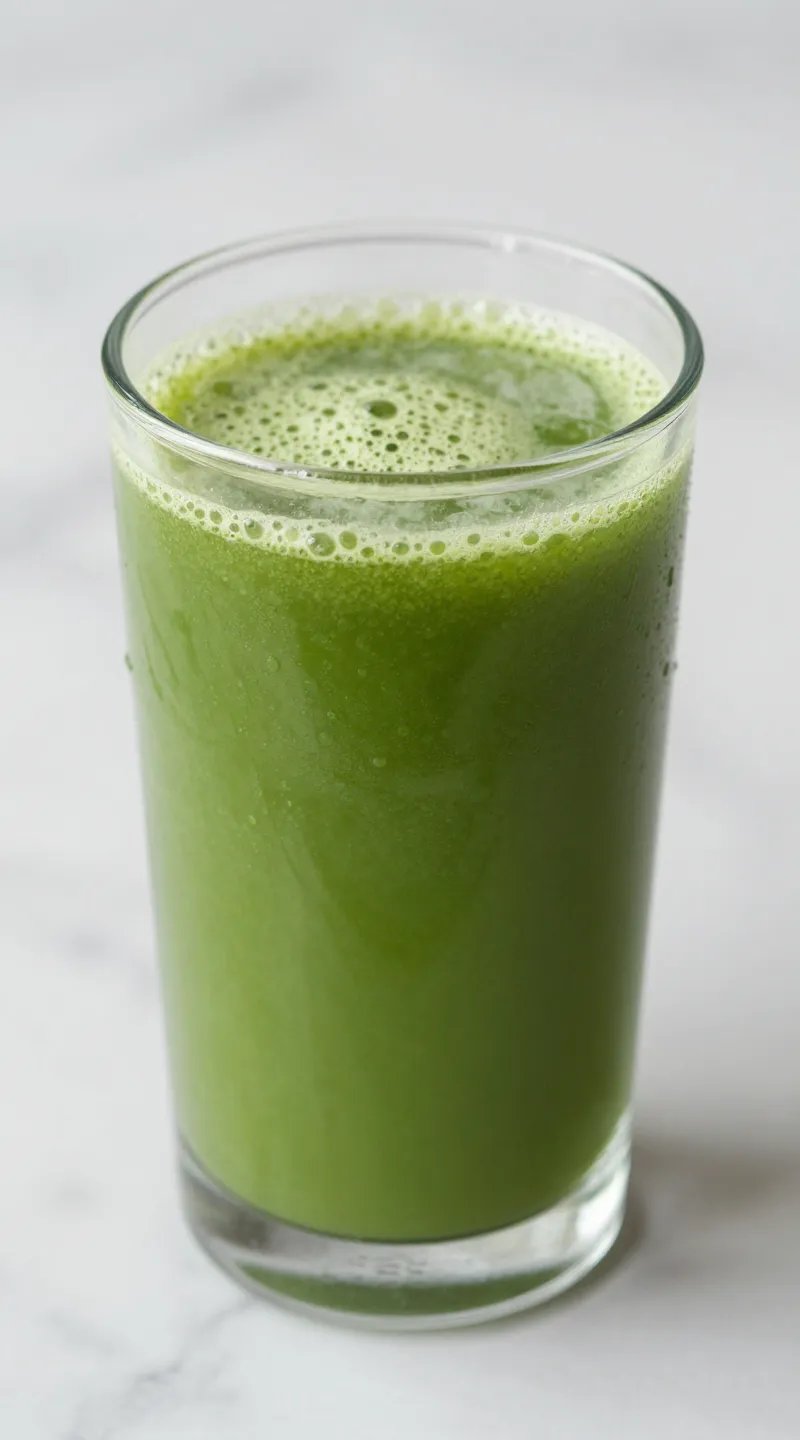 closeup glass of Glow Green Detox juice on marble