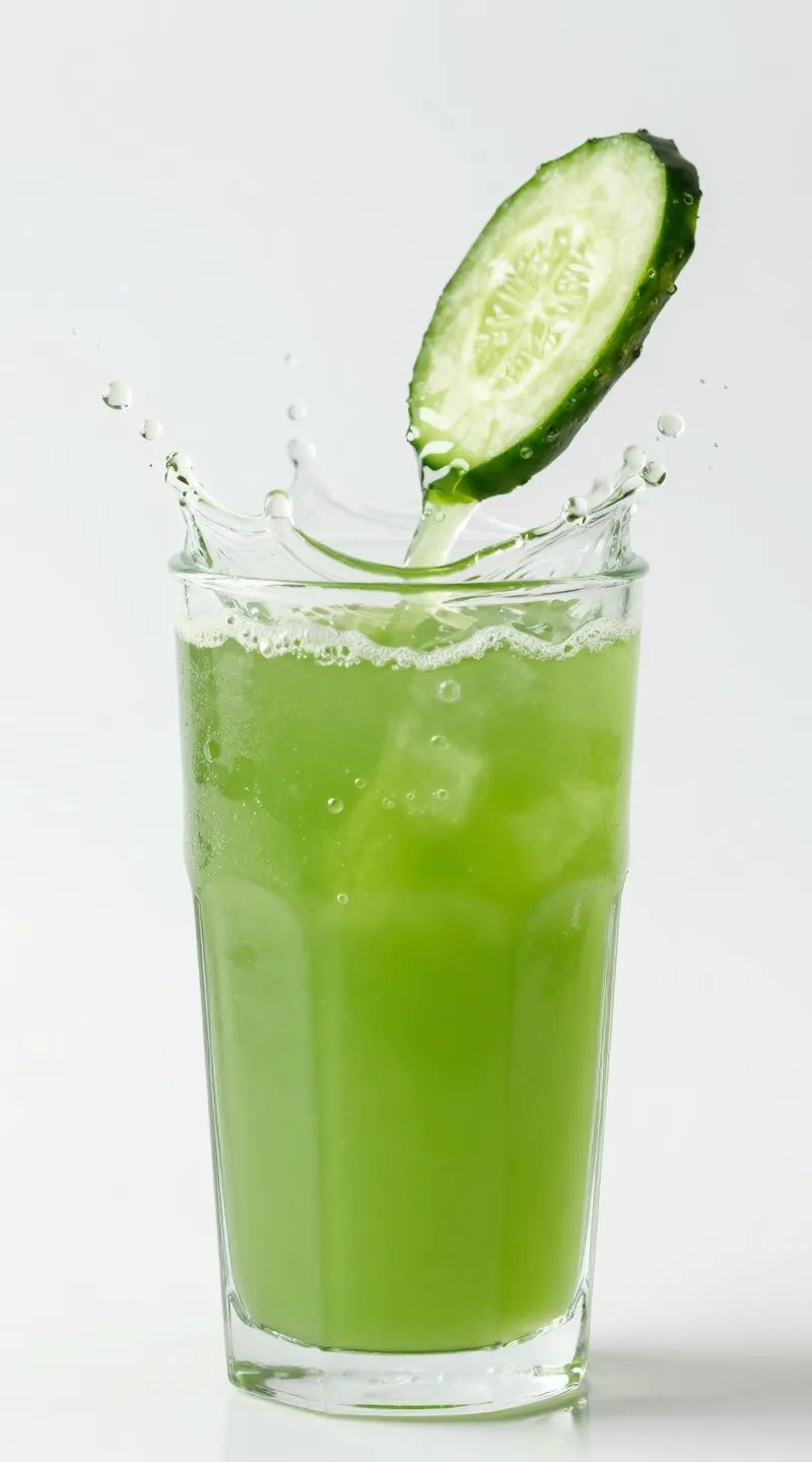single cucumber slice splashing into green detox juice