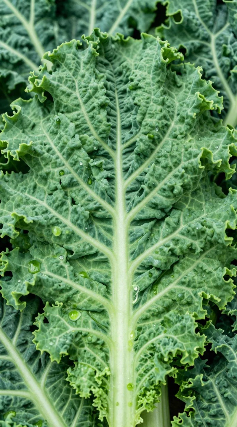 kale leaf coated in fresh green juice droplets