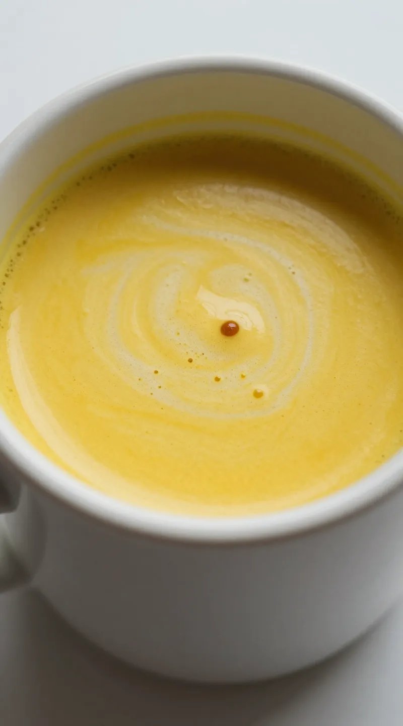 closeup turmeric golden milk latte in matte ceramic mug