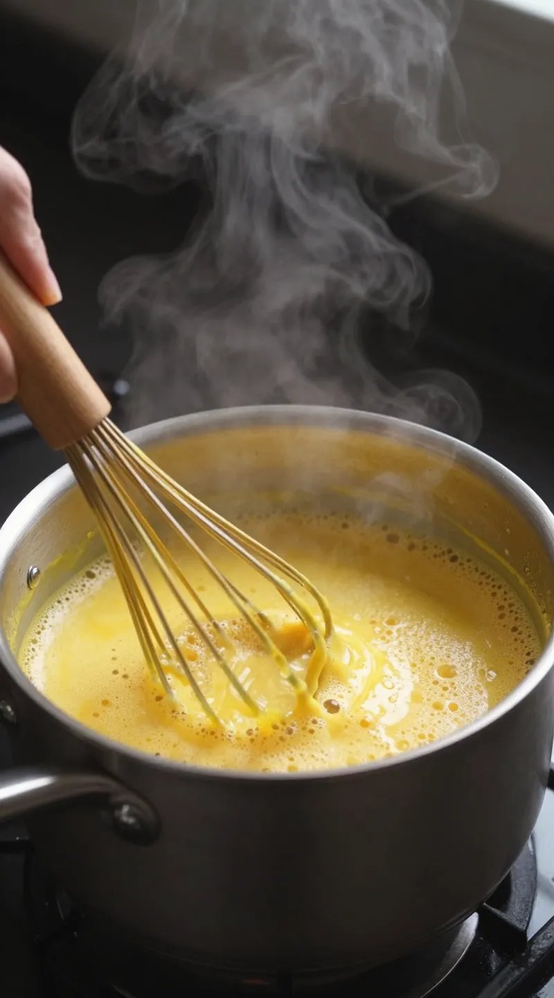 whisk frothing golden milk in small saucepan, steam rising