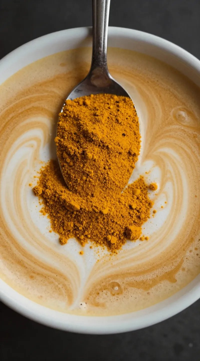 spoonful of ground turmeric above warm latte surface