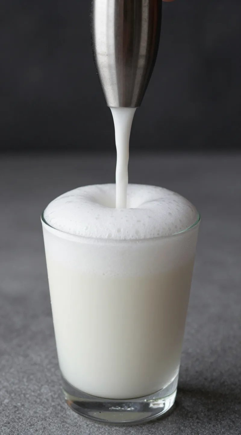 stainless milk frother foaming spiced moon milk, macro shot
