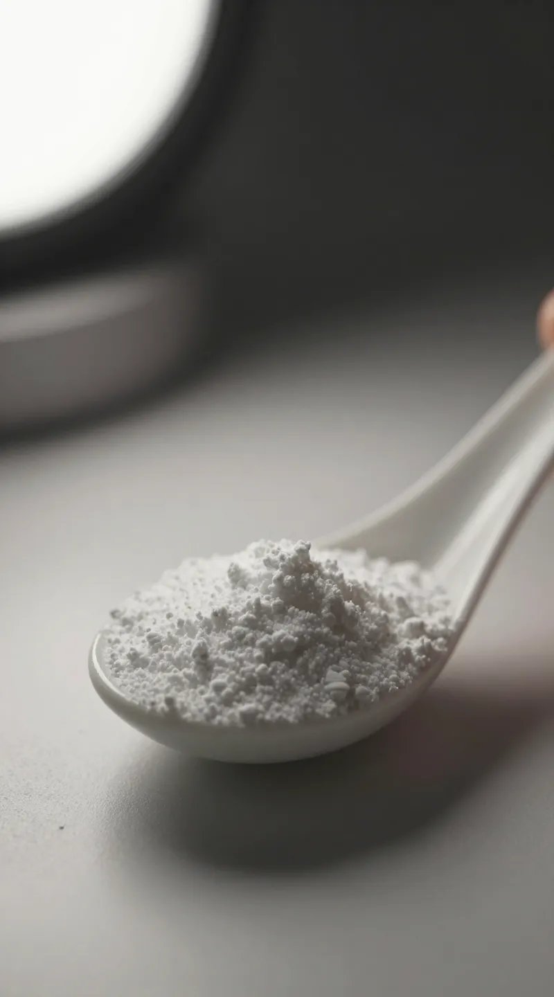 ceramic spoon heaped with magnesium citrate powder, soft bedside light