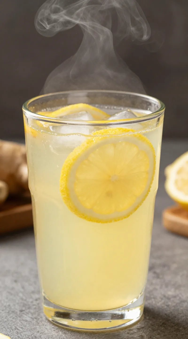 steaming lemon ginger drink in clear glass mug, closeup