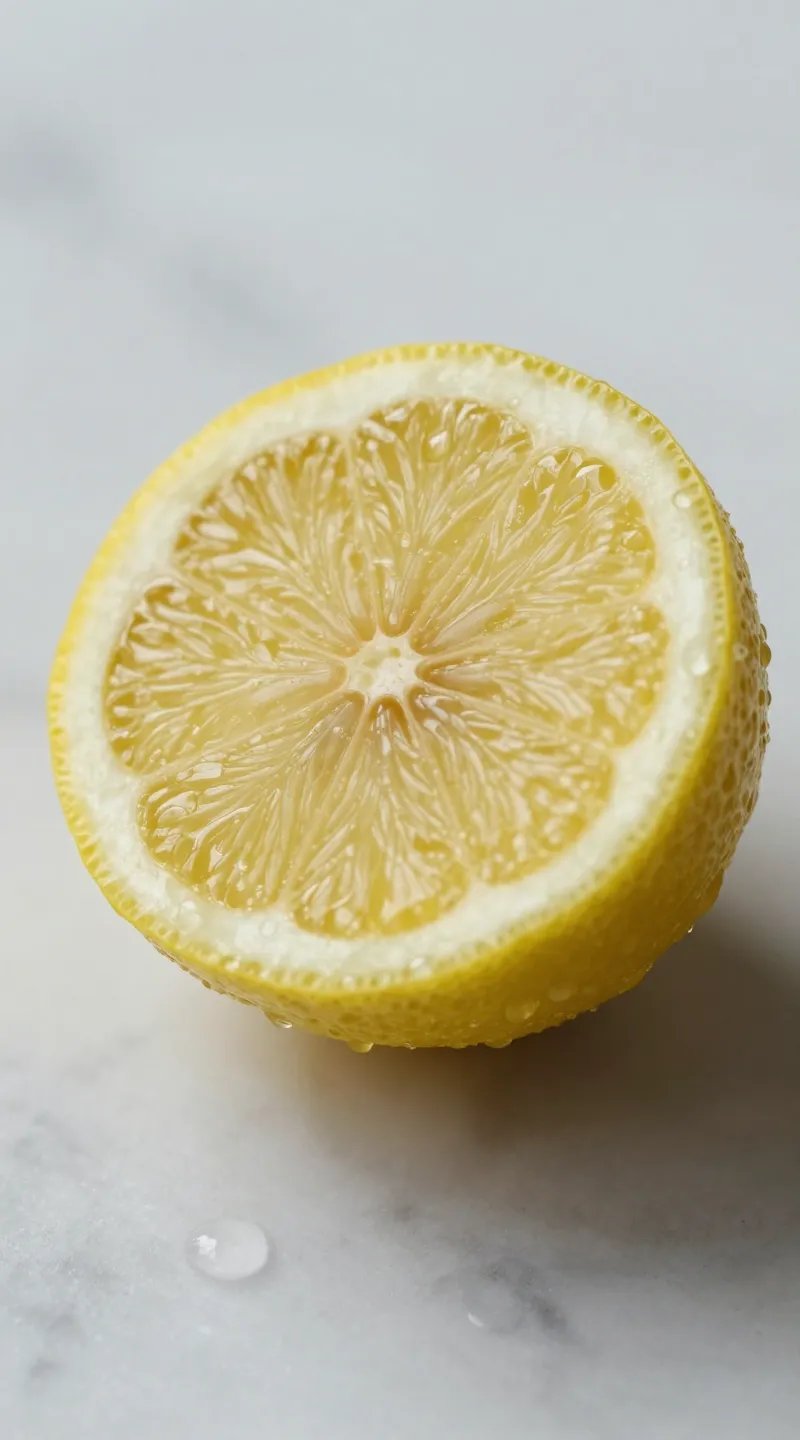 single fresh lemon half with droplets on marble, macro