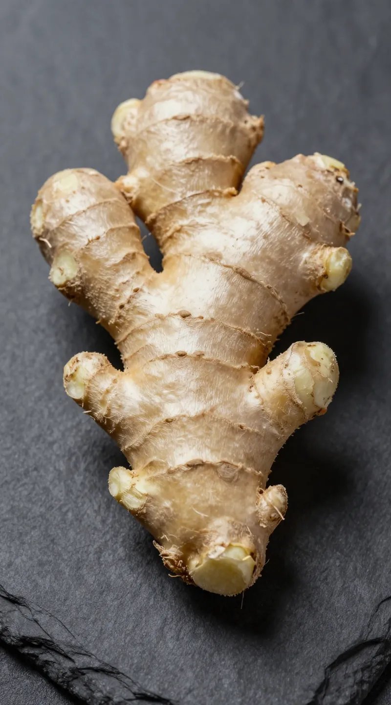 knobby ginger root on dark slate background, studio closeup