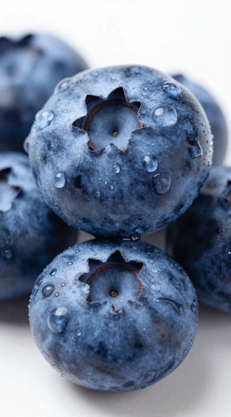 single ripe blueberry cluster with dewdrops, macro shot