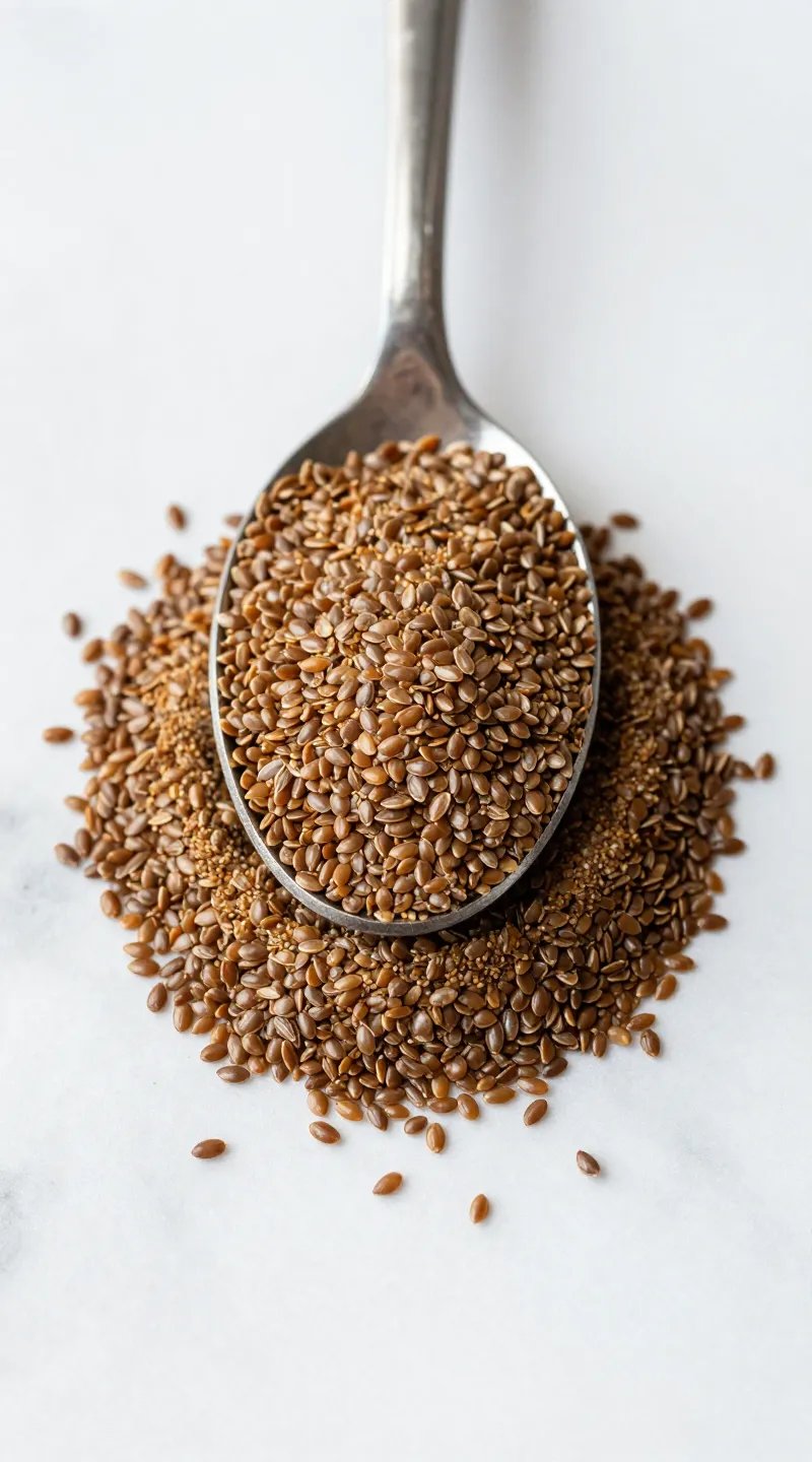 spoonful of ground flaxseed on white marble surface
