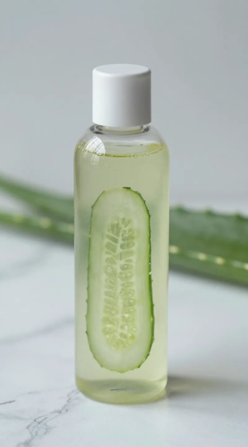 closeup glass bottle of cucumber aloe toner on marble