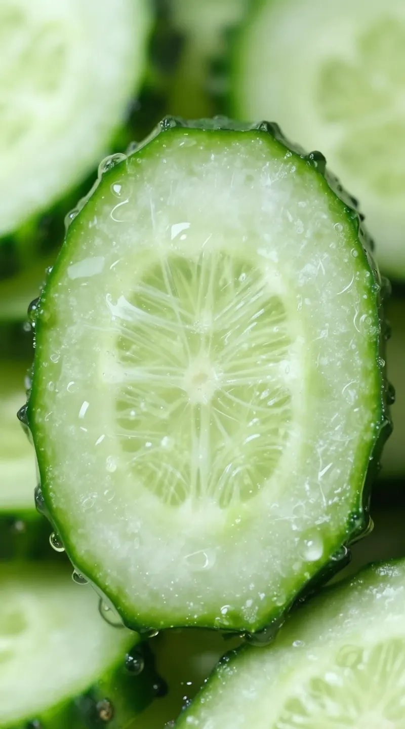 chilled cucumber slice with condensation, beauty backdrop closeup