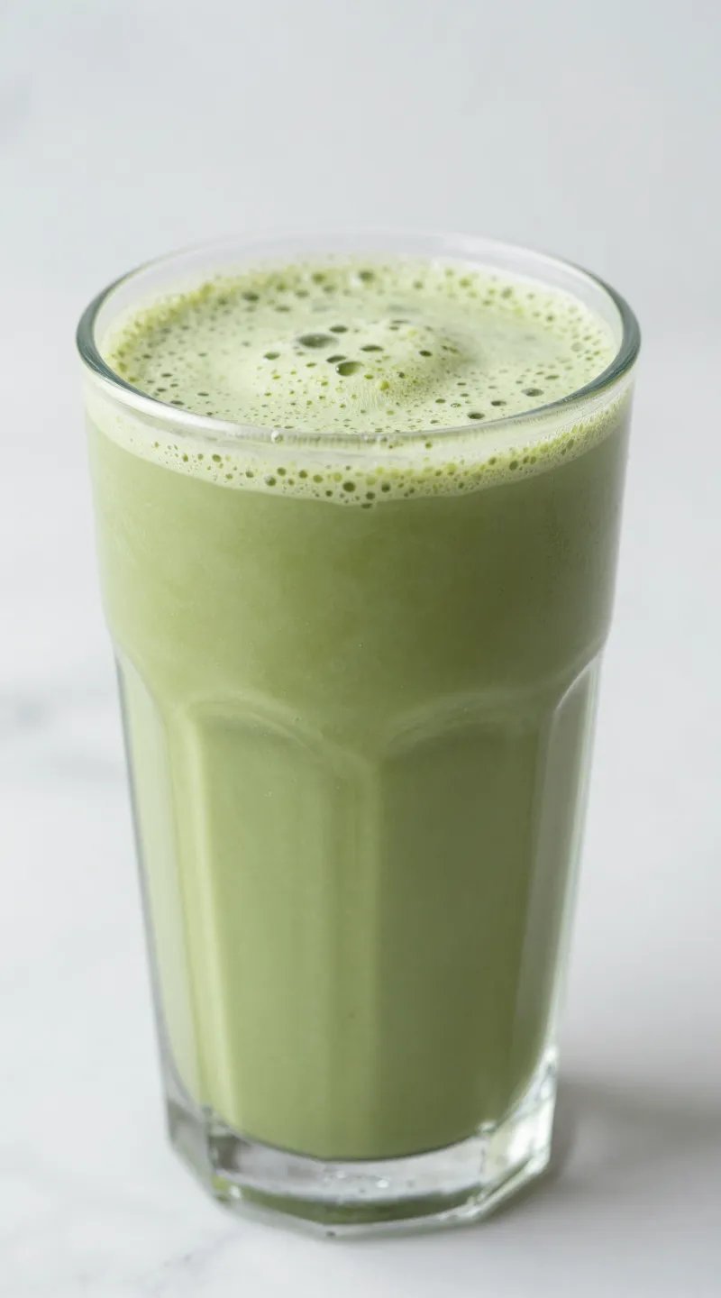 closeup of matcha coconut smoothie in clear glass, marble backdrop