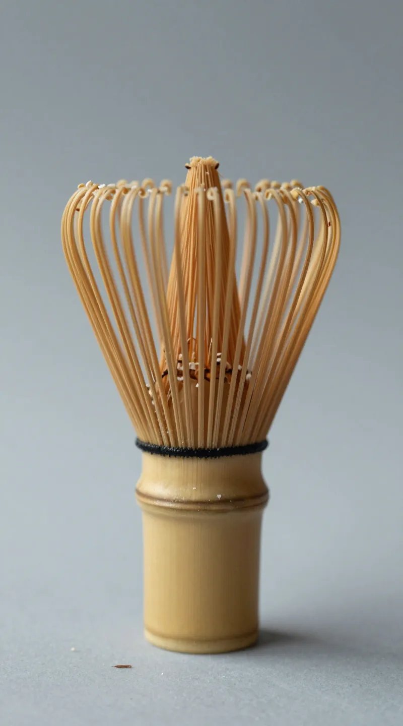 single bamboo matcha whisk with coconut flakes, soft studio lighting