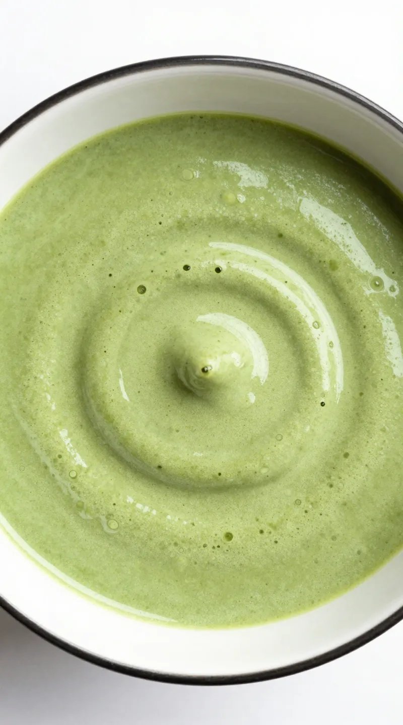 overhead of frothy matcha smoothie bowl, glossy green surface
