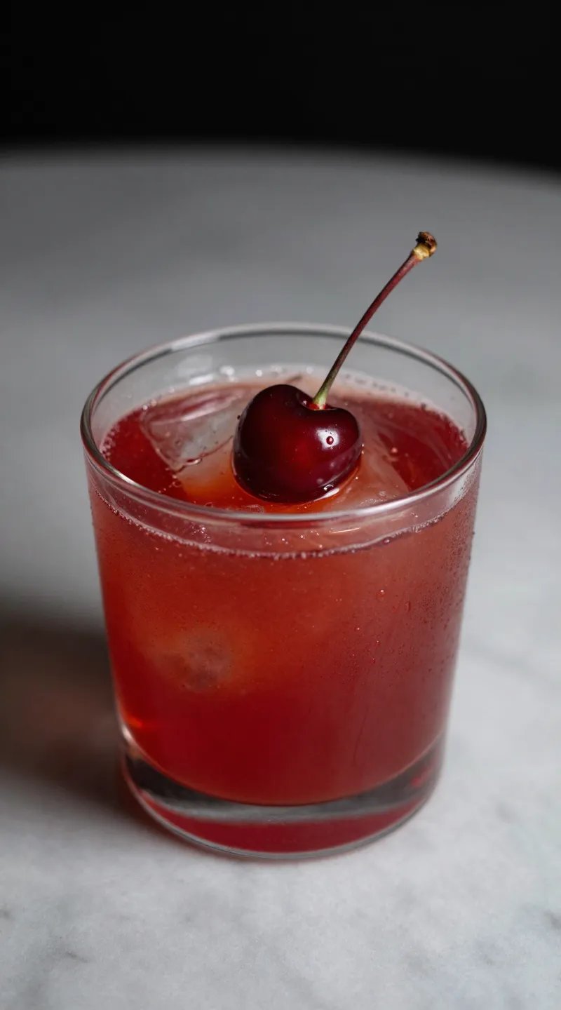 closeup glass of tart cherry nighttime drink on marble