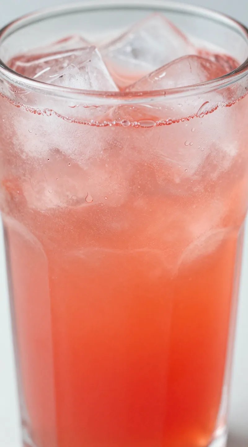 closeup glass of strawberry collagen lemonade with ice, condensation