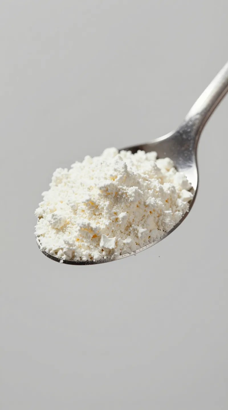 scoop of unflavored collagen powder on stainless spoon