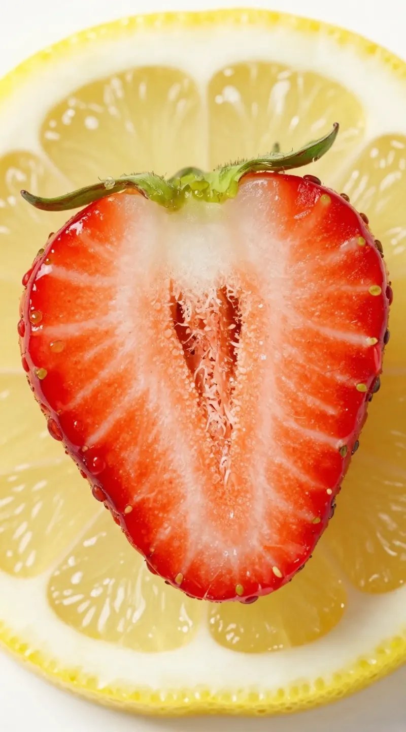 halved ripe strawberry on lemon slice, macro detail