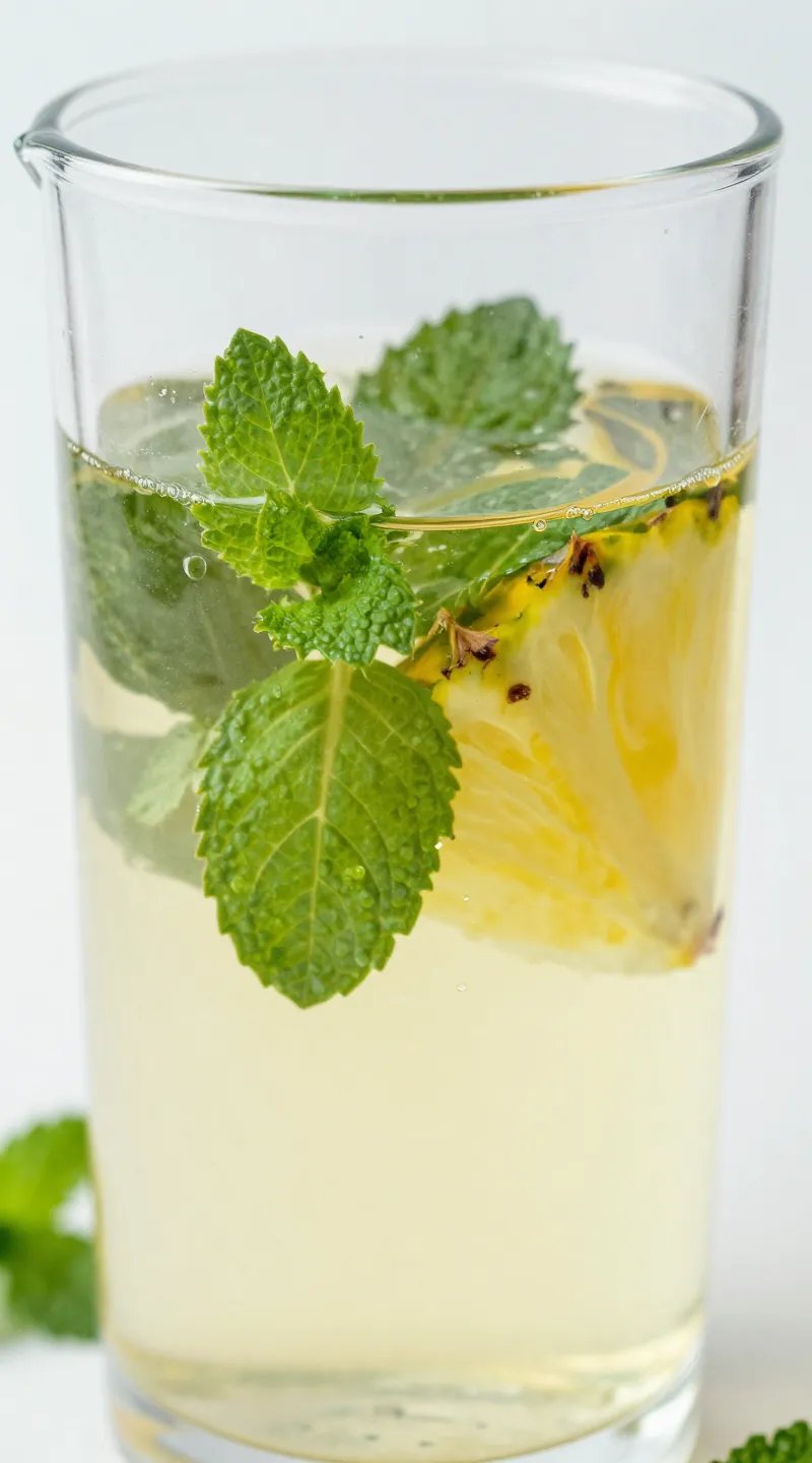 closeup of pineapple mint detox water in clear pitcher