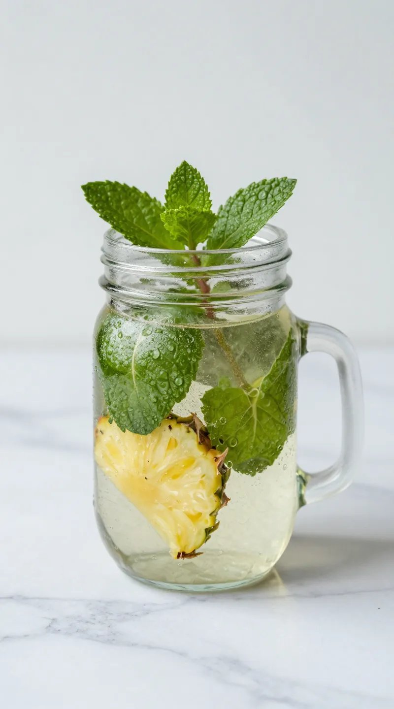 single mason jar of pineapple mint water on marble countertop